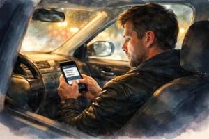 DUI defense lawyers dash man sitting in car slightly intoxicated texting to spouse that he is not going to drive.