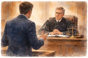 DUI Lawyer presenting evidence in a criminal courthouse before a judge.
