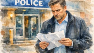 Man reading documents outside police station