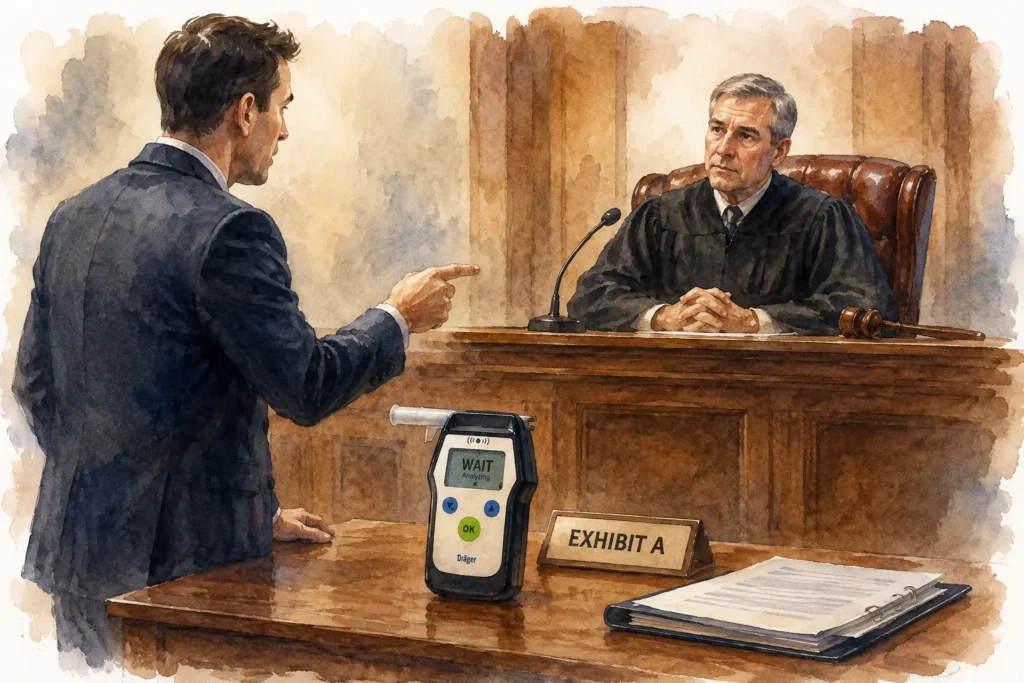 Criminal defence lawyer challenging breathalyzer evidence in court